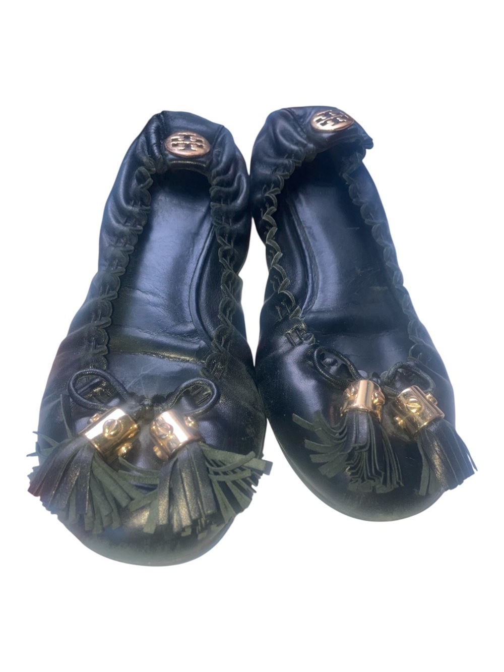 Tory Burch Black Leather Tassel Tie Ballet Flats with Gold Hardware size 5